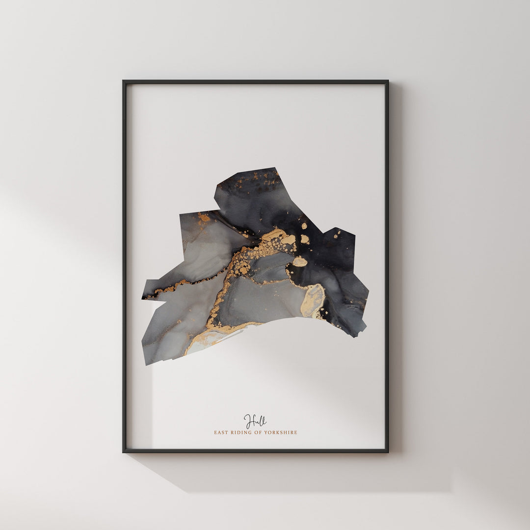 Hull Map Black and Gold Wall Art Print | East Riding of Yorkshire | England | United Kingdom | Great Britain