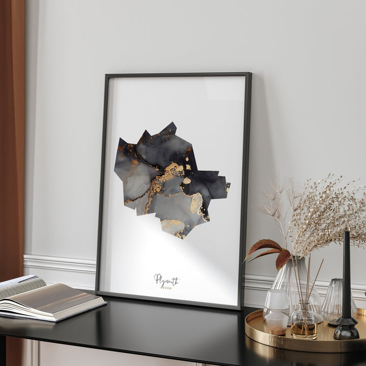 Plymouth Map Black and Gold Wall Art Print | Devon | England | United Kingdom | Great Britain
