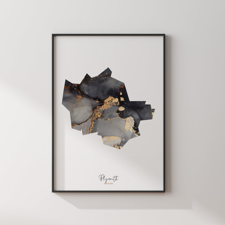 Plymouth Map Black and Gold Wall Art Print | Devon | England | United Kingdom | Great Britain