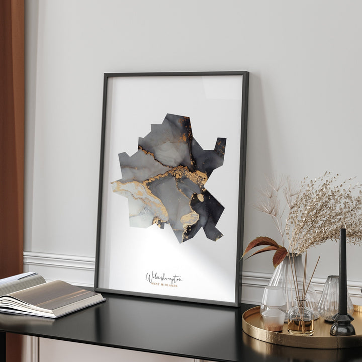 Wolverhampton Map Black and Gold Wall Art Print | West Midlands | England | United Kingdom | Great Britain