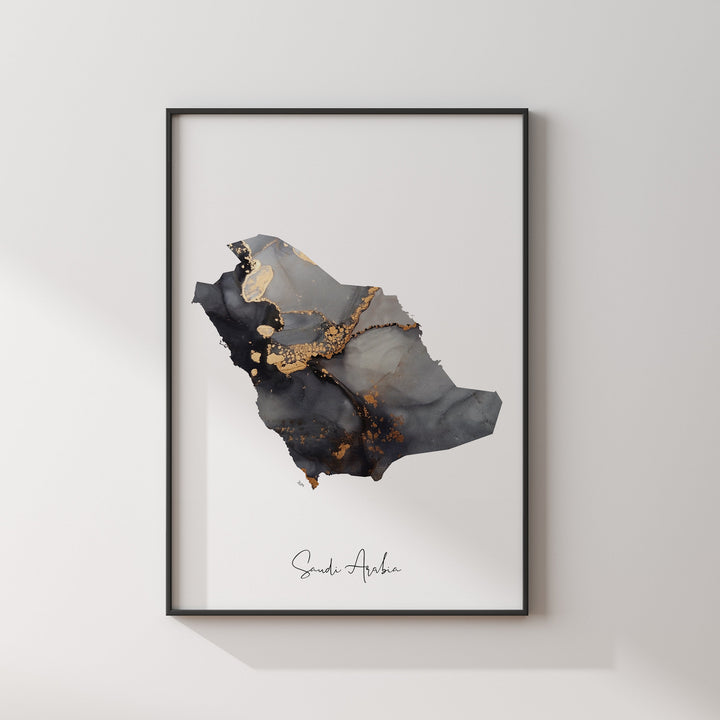 Saudi Arabia Map Black & Gold Wall Art Print [EV]