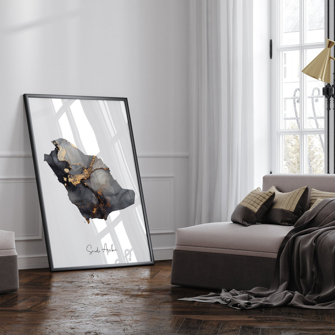Saudi Arabia Map Black & Gold Wall Art Print [EV]