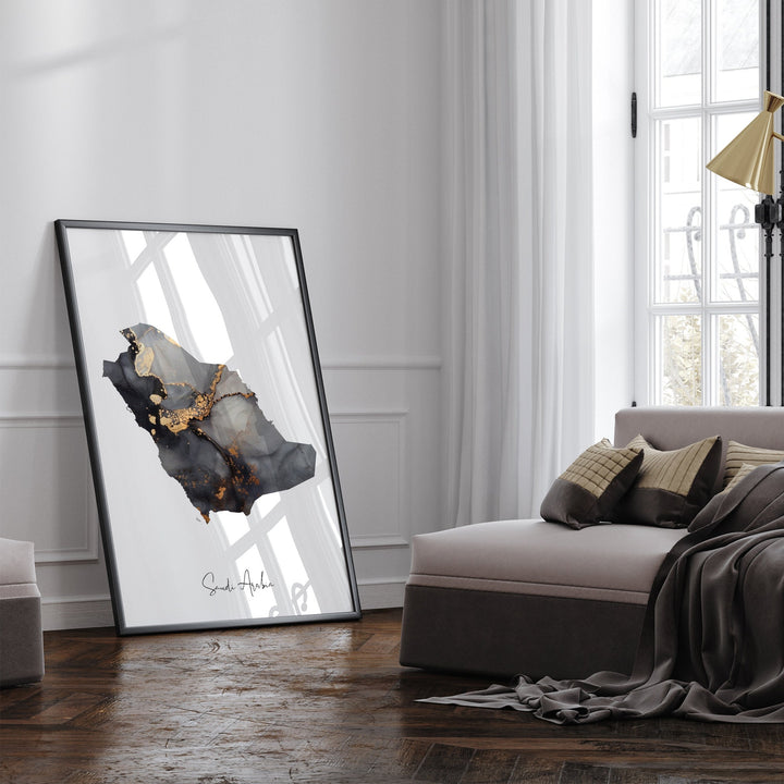 Saudi Arabia Map Black & Gold Wall Art Print [EV]