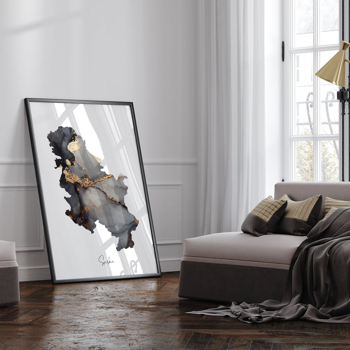 Serbia Map Black & Gold Wall Art Print [EV]