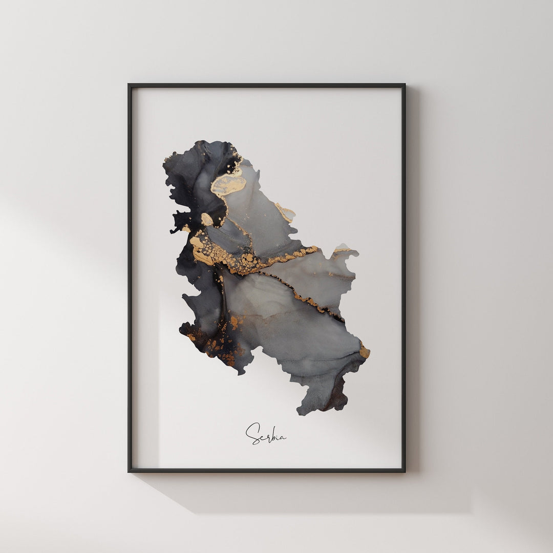 Serbia Map Black & Gold Wall Art Print [EV]