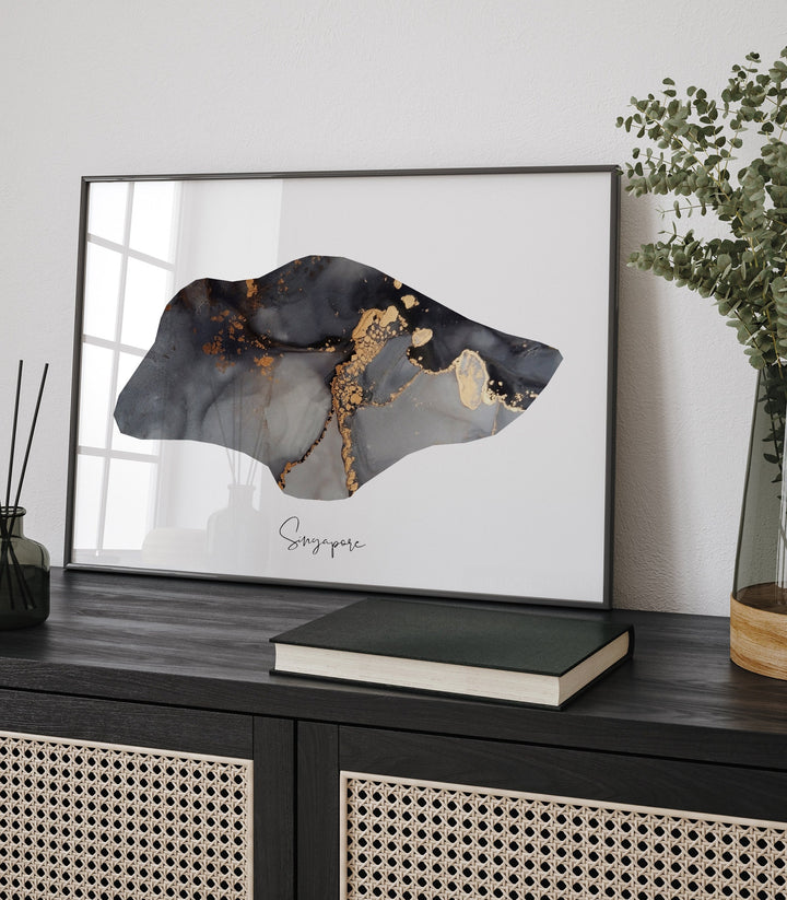 Singapore Map Black & Gold Wall Art Print [EV]