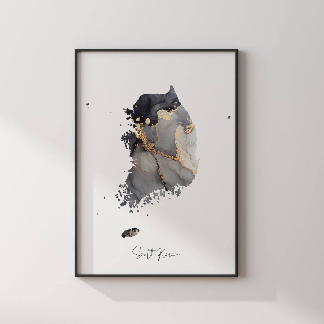 South Korea Map Black & Gold Wall Art Print [EV]