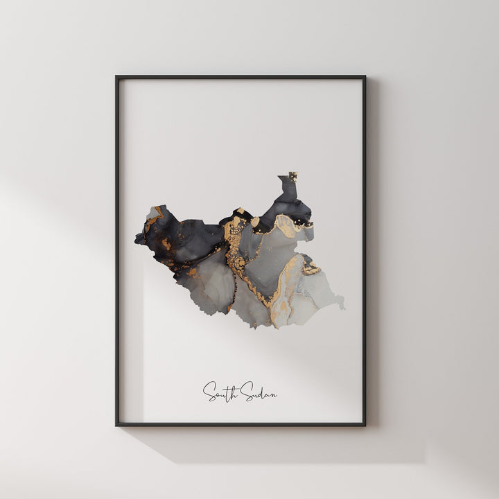South Sudan Map Black & Gold Wall Art Print [EV]