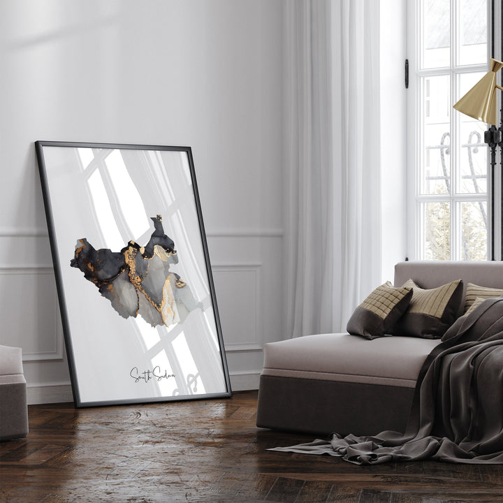 South Sudan Map Black & Gold Wall Art Print [EV]