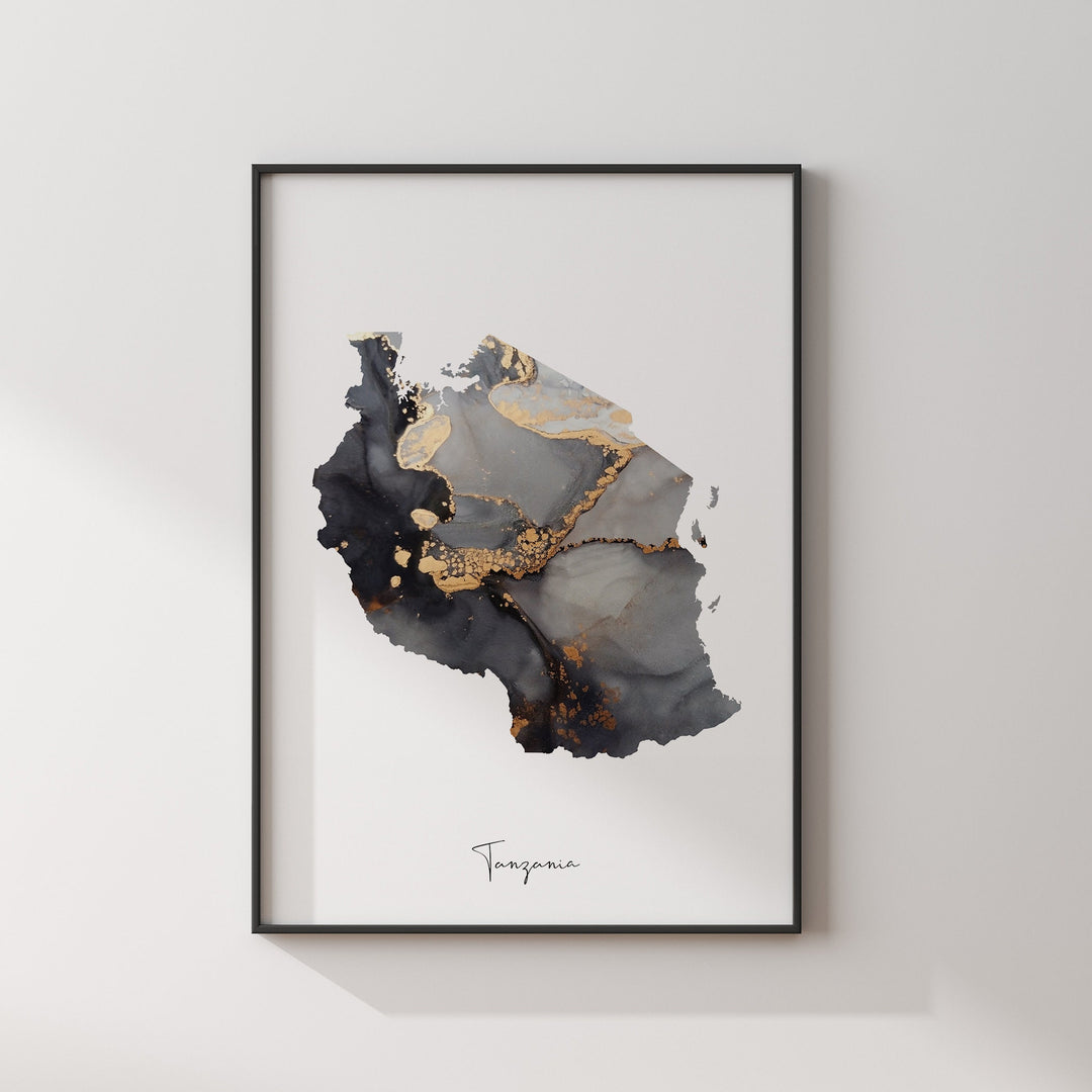 Tanzania Map Black & Gold Wall Art Print [EV]