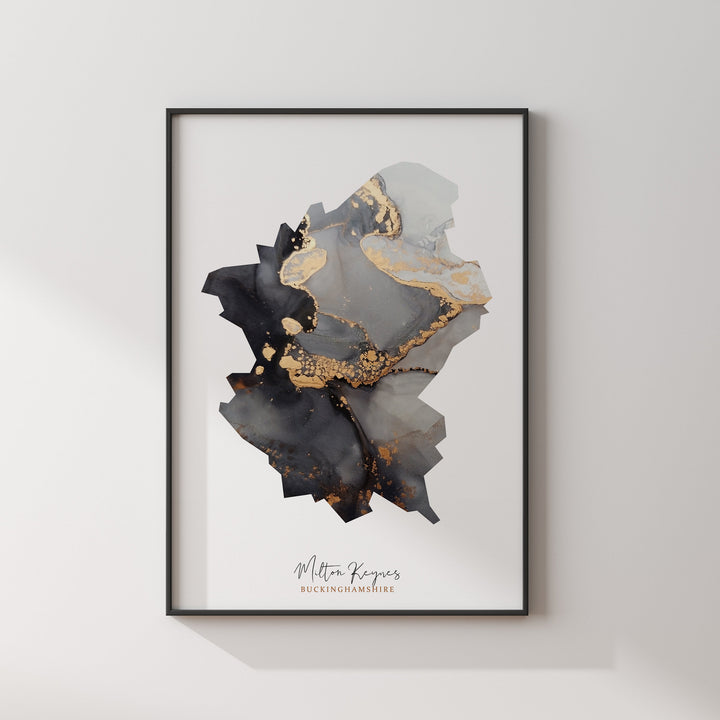 Milton Keynes Map Black and Gold Wall Art Print | Buckinghamshire | England | United Kingdom | Great Britain