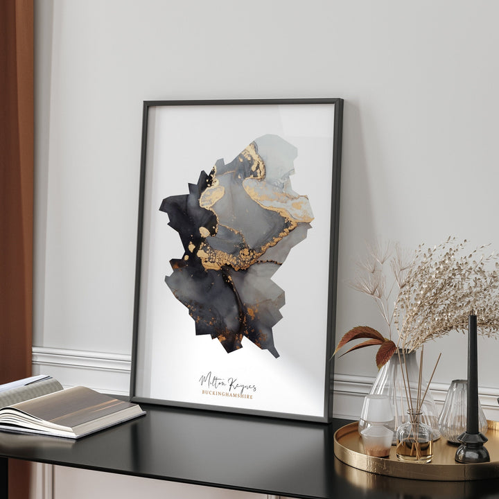 Milton Keynes Map Black and Gold Wall Art Print | Buckinghamshire | England | United Kingdom | Great Britain