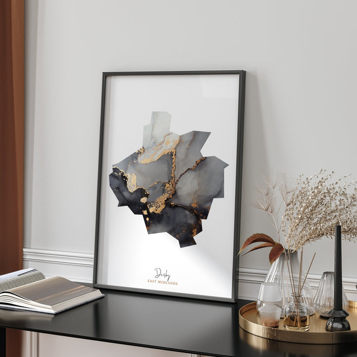 Derby Map Black and Gold Wall Art Print | East Midlands | England | United Kingdom | Great Britain