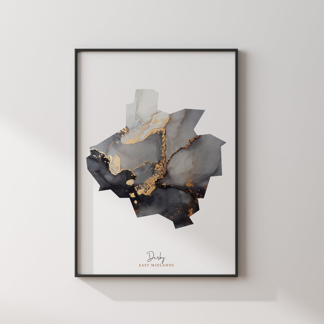 Derby Map Black and Gold Wall Art Print | East Midlands | England | United Kingdom | Great Britain