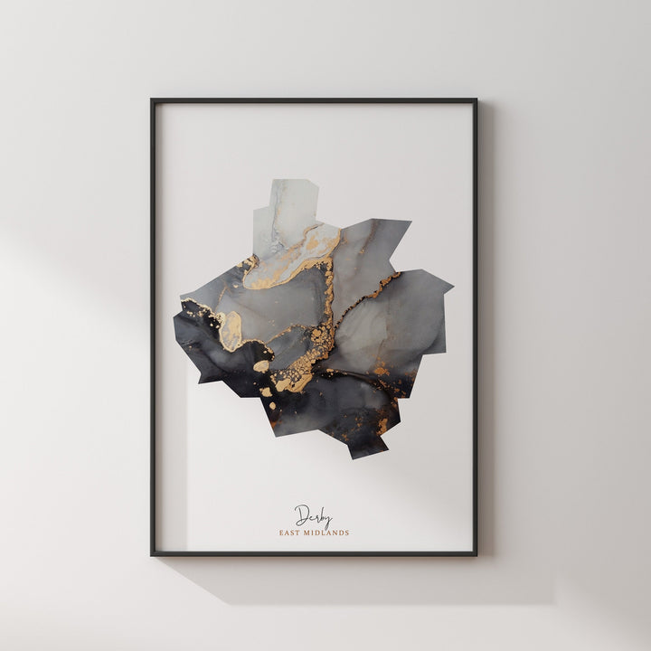 Derby Map Black and Gold Wall Art Print | East Midlands | England | United Kingdom | Great Britain