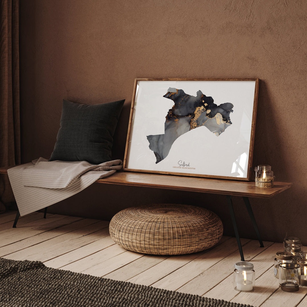 Salford Map Black and Gold Wall Art Print | Greater Manchester | England | United Kingdom | Great Britain