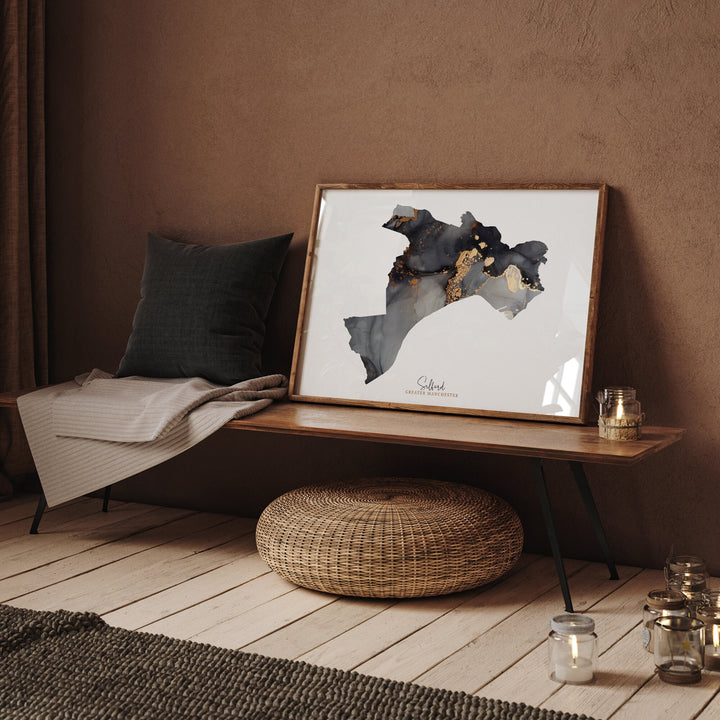 Salford Map Black and Gold Wall Art Print | Greater Manchester | England | United Kingdom | Great Britain