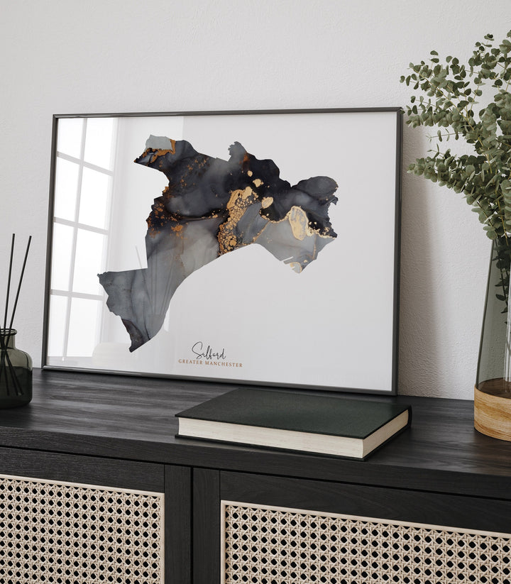 Salford Map Black and Gold Wall Art Print | Greater Manchester | England | United Kingdom | Great Britain