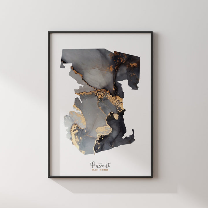 Portsmouth Map Black and Gold Wall Art Print | Hampshire | England | United Kingdom | Great Britain