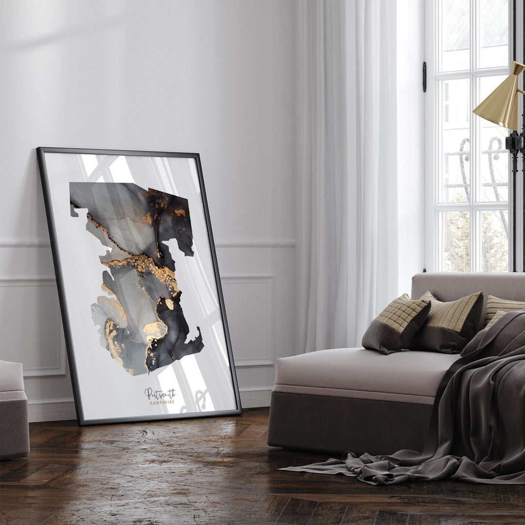 Portsmouth Map Black and Gold Wall Art Print | Hampshire | England | United Kingdom | Great Britain
