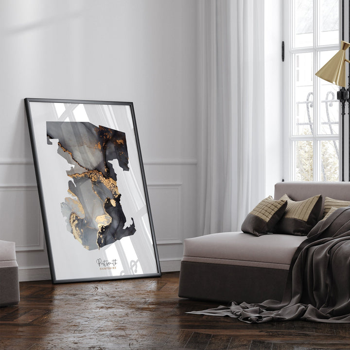 Portsmouth Map Black and Gold Wall Art Print | Hampshire | England | United Kingdom | Great Britain