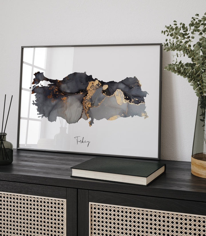 Turkey Map Black & Gold Wall Art Print [EV] Türkiye