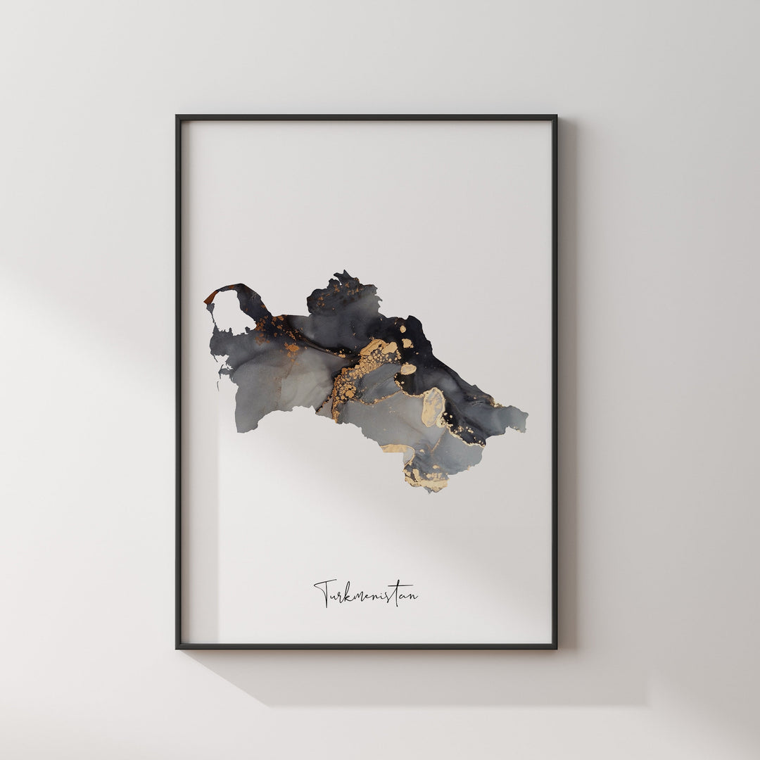 Turkmenistan Map Black & Gold Wall Art Print [EV]