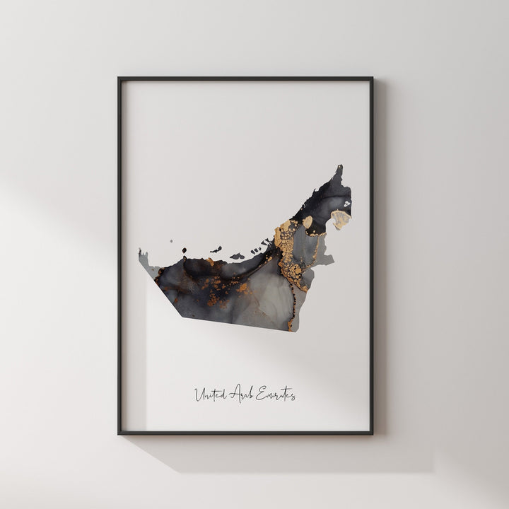 United Arab Emirates Map Black & Gold Wall Art Print UAE [EV]