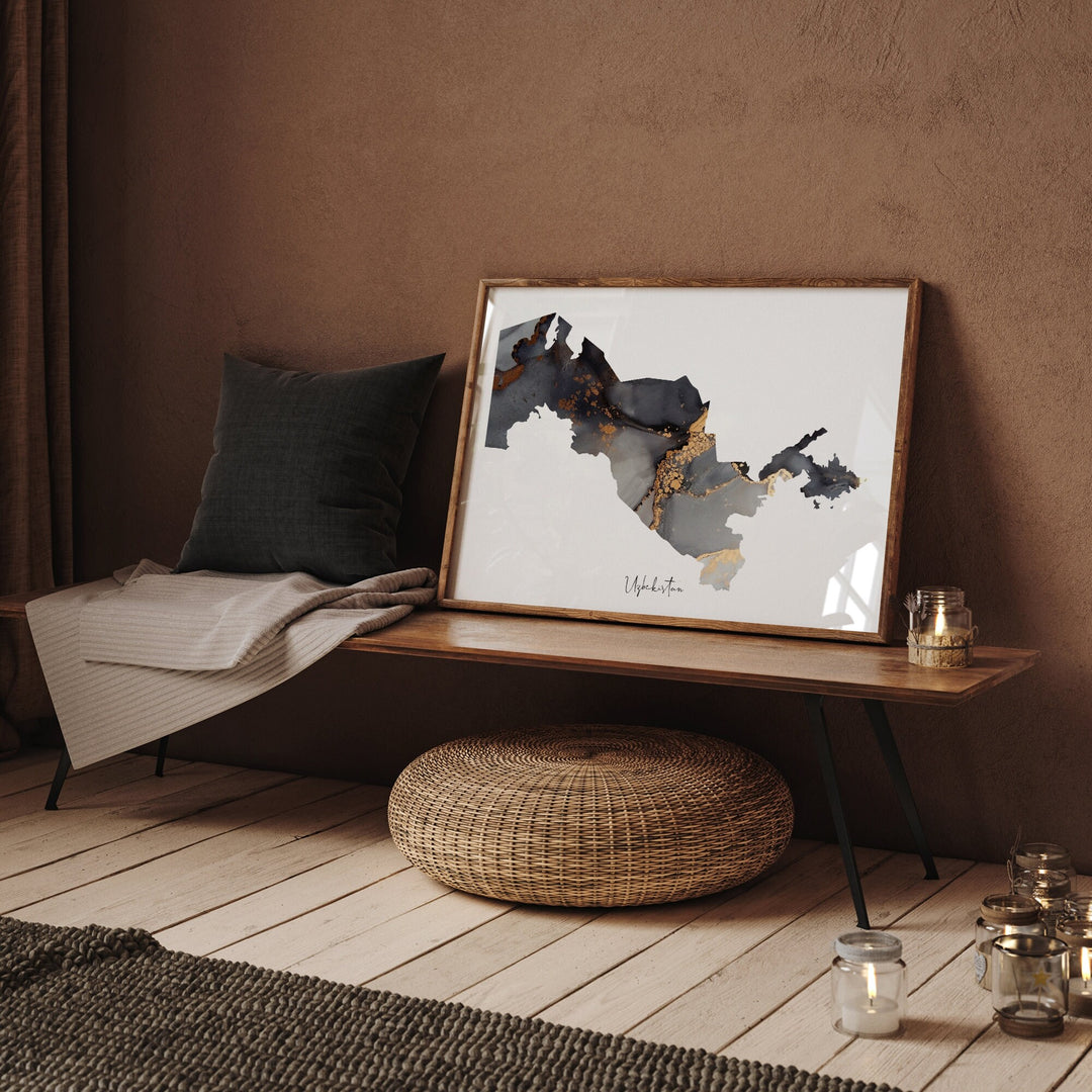 Uzbekistan Map Black & Gold Wall Art Print [EV]