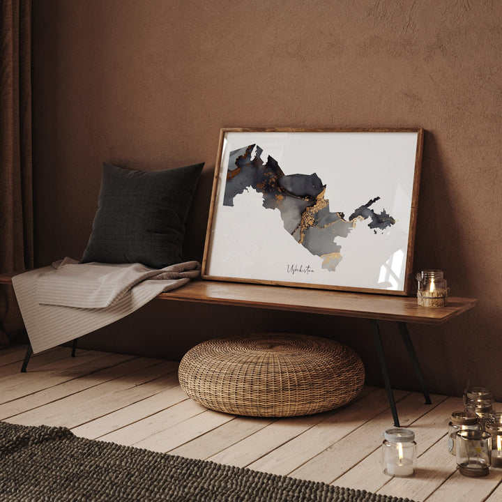 Uzbekistan Map Black & Gold Wall Art Print [EV]