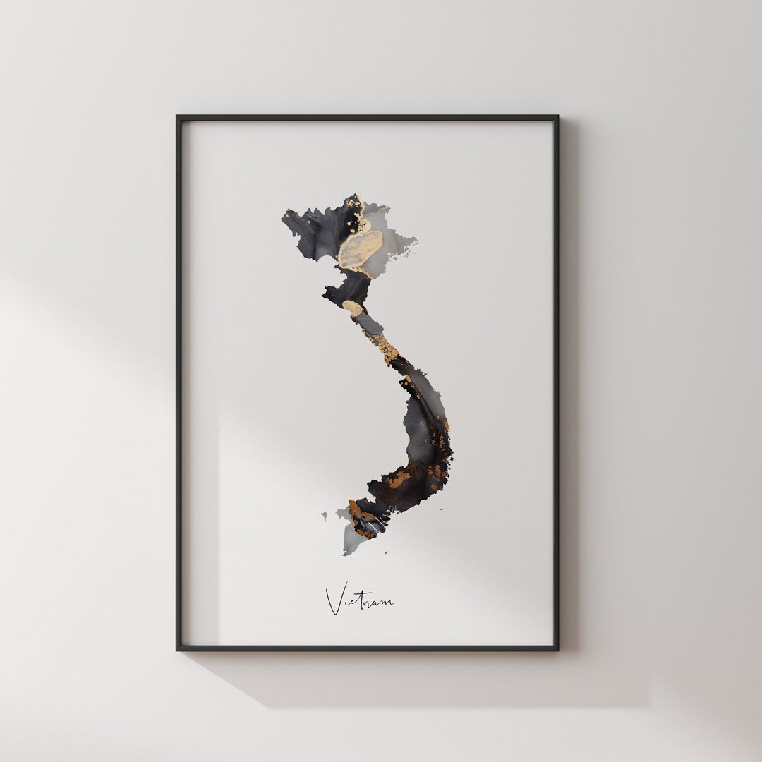 Vietnam Map Black & Gold Wall Art Print [EV]