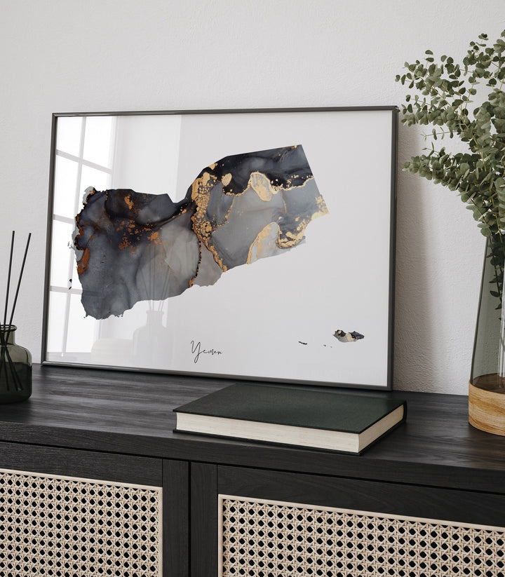 Yemen Map Black & Gold Wall Art Print [EV]