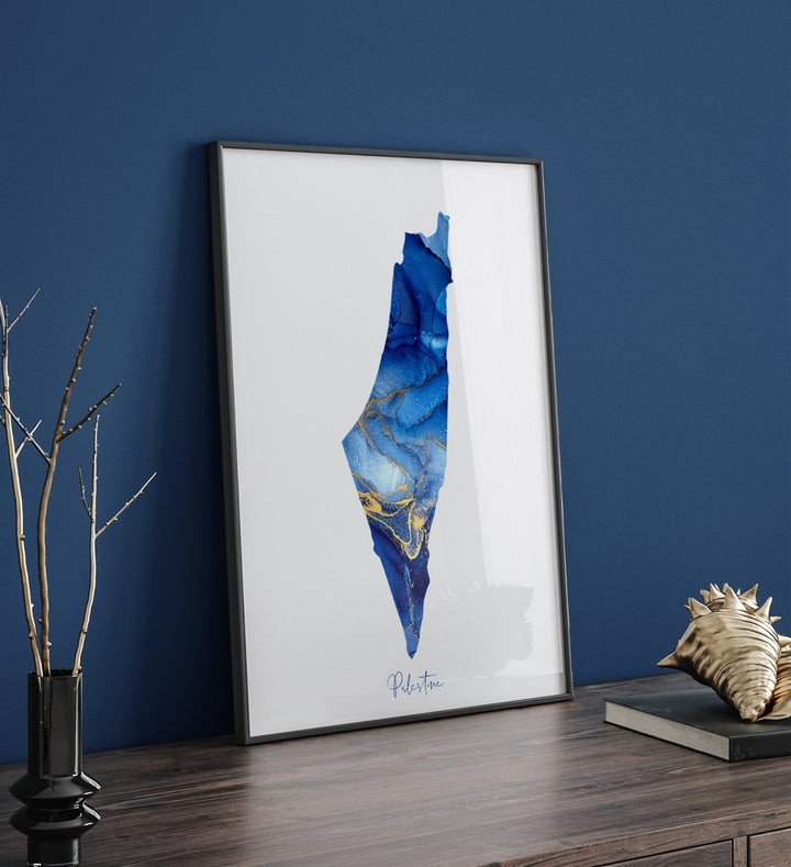Palestine Map Blue & Gold Wall Art Print