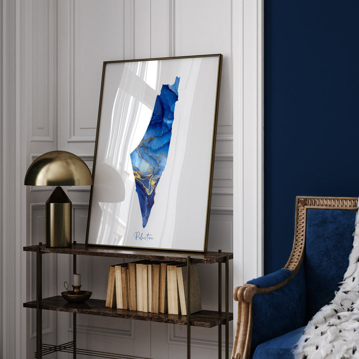 Palestine Map Blue & Gold Wall Art Print