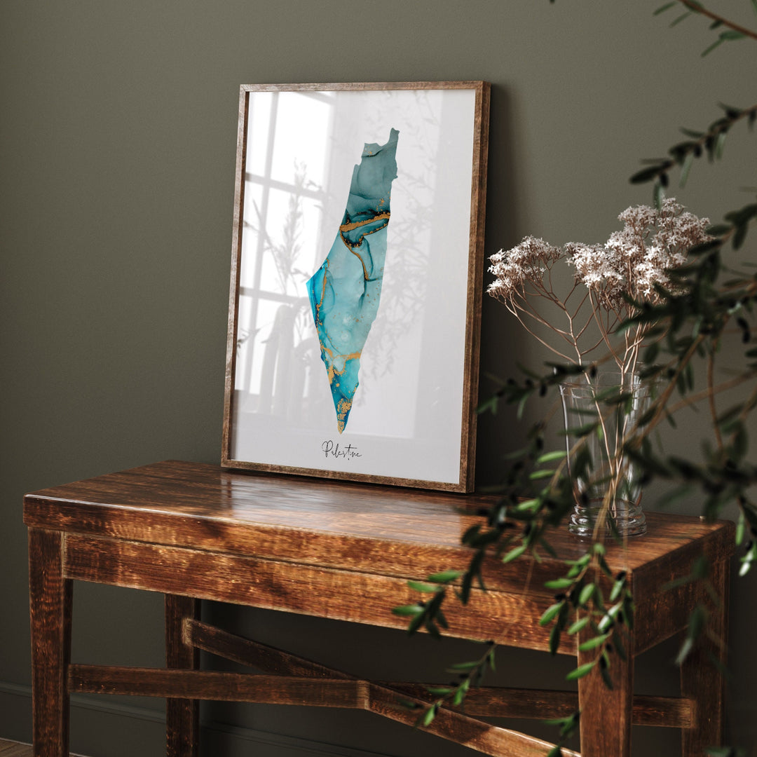 Palestine Map Shades of Blue & Green With Gold Wall Art Print