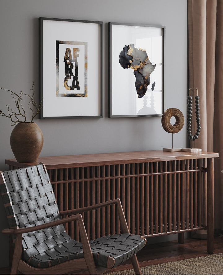 Set of 2 Africa Black & Gold Map + Typography Wall Art Prints