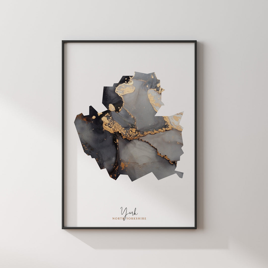 York Map Black and Gold Wall Art Print | North Yorkshire | England | United Kingdom | Great Britain
