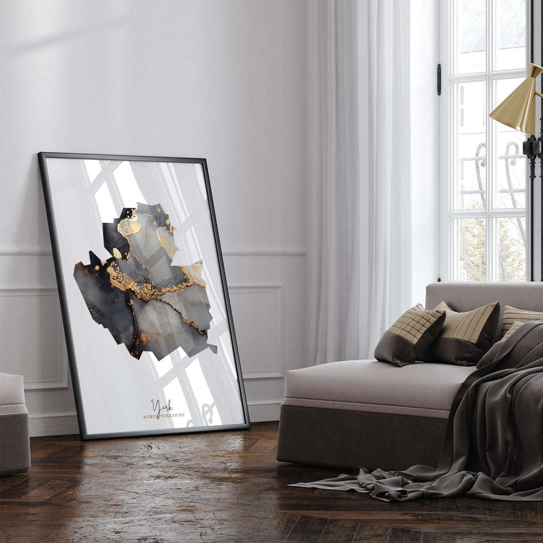 York Map Black and Gold Wall Art Print | North Yorkshire | England | United Kingdom | Great Britain