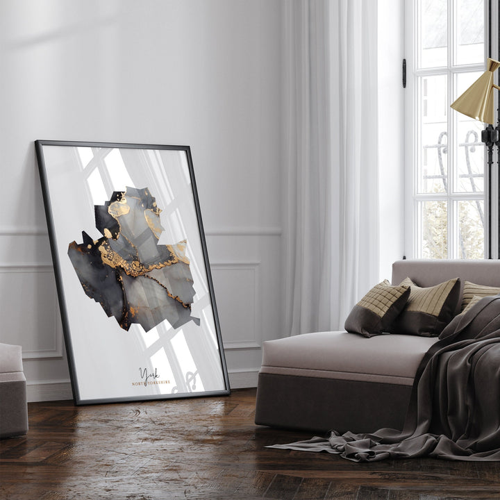 York Map Black and Gold Wall Art Print | North Yorkshire | England | United Kingdom | Great Britain