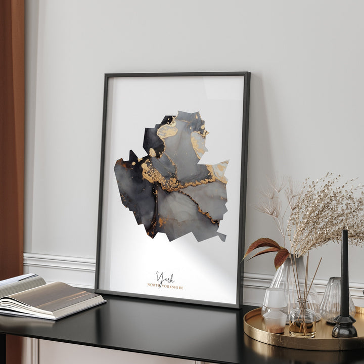York Map Black and Gold Wall Art Print | North Yorkshire | England | United Kingdom | Great Britain