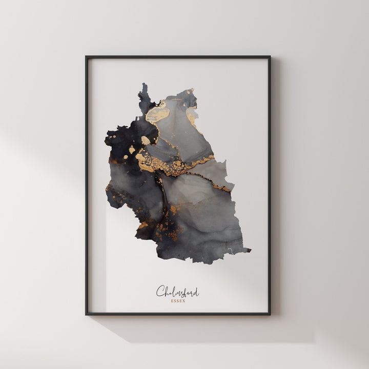Chelmsford Map Black and Gold Wall Art Print | Essex | England | United Kingdom | Great Britain