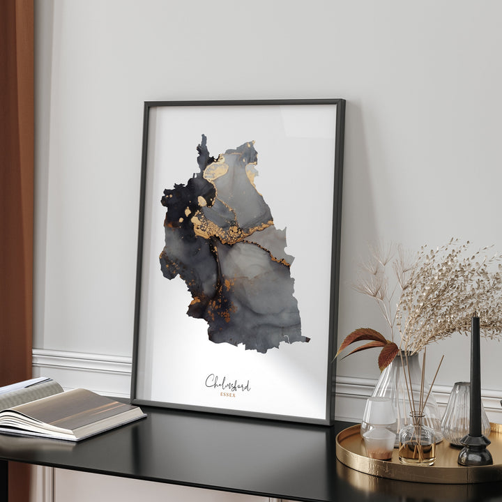 Chelmsford Map Black and Gold Wall Art Print | Essex | England | United Kingdom | Great Britain