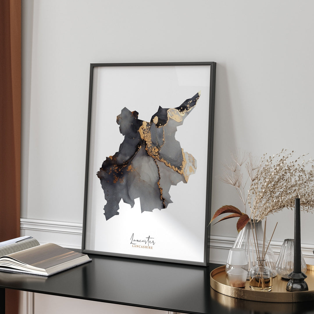 Lancaster Map Black and Gold Wall Art Print | Lancashire | England | United Kingdom | Great Britain