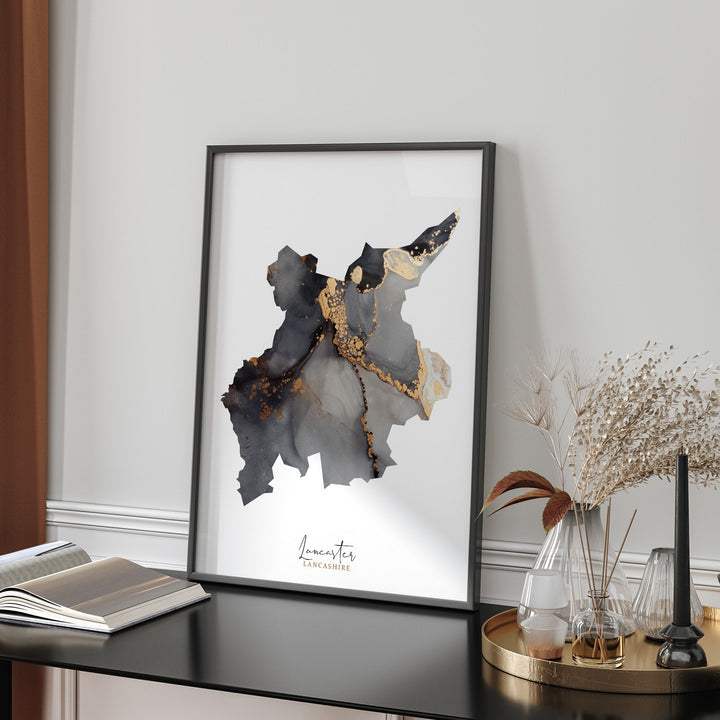 Lancaster Map Black and Gold Wall Art Print | Lancashire | England | United Kingdom | Great Britain