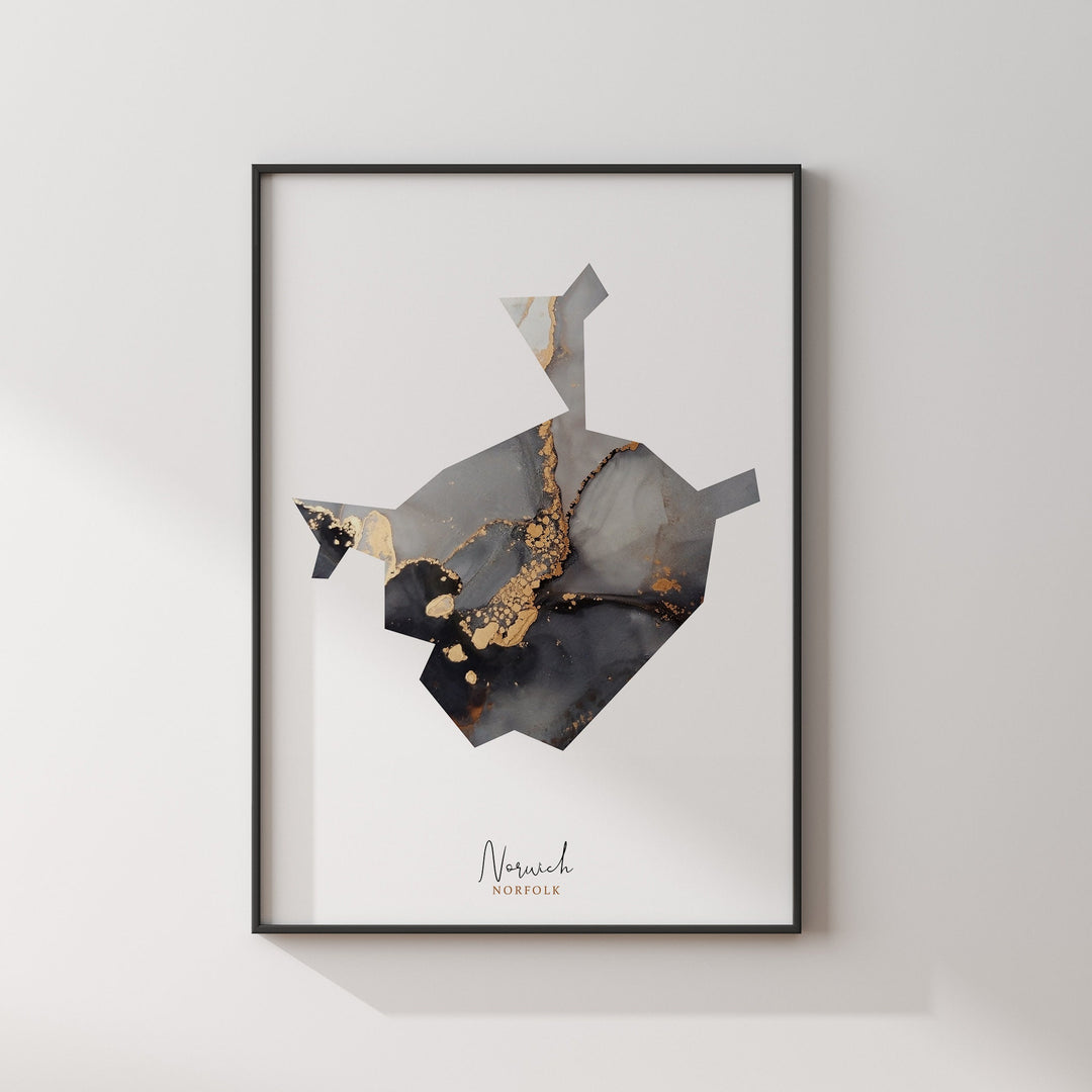 Norwich Map Black and Gold Wall Art Print | Norfolk | England | United Kingdom | Great Britain