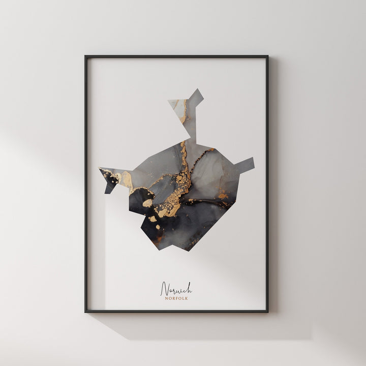 Norwich Map Black and Gold Wall Art Print | Norfolk | England | United Kingdom | Great Britain