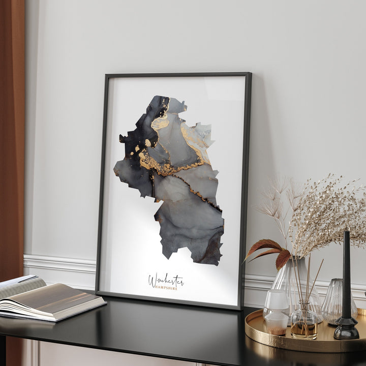 Winchester Map Black and Gold Wall Art Print | Hampshire | England | United Kingdom | Great Britain