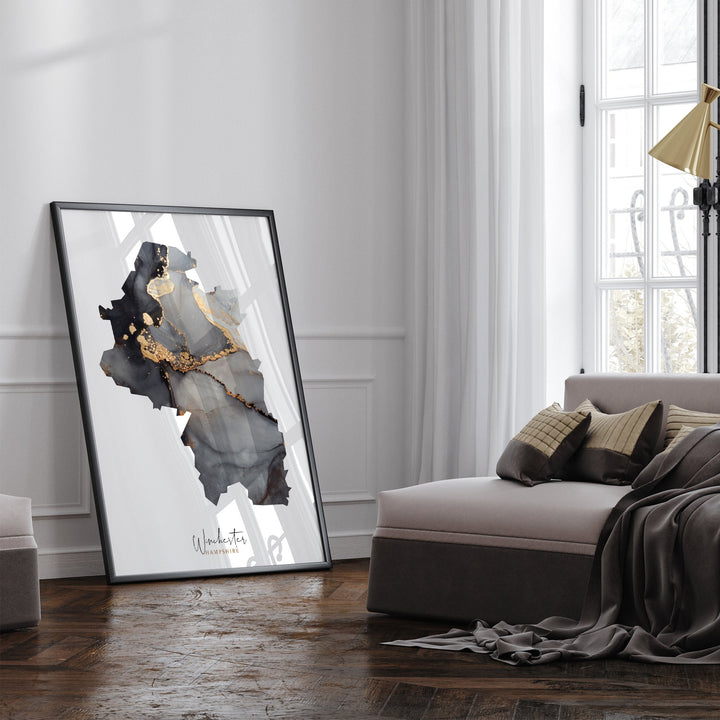 Winchester Map Black and Gold Wall Art Print | Hampshire | England | United Kingdom | Great Britain