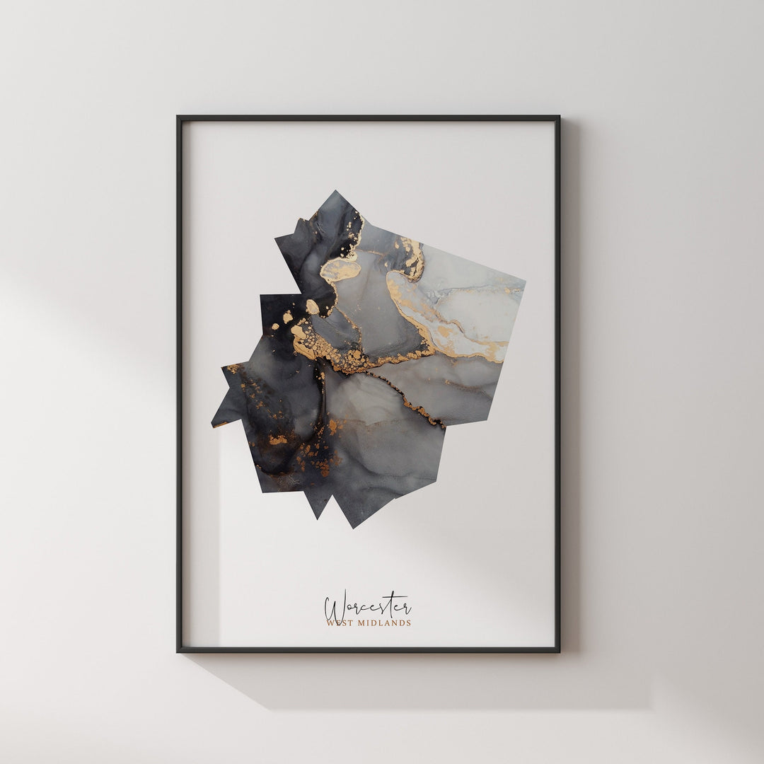 Worcester Map Black and Gold Wall Art Print | West Midlands | England | United Kingdom | Great Britain