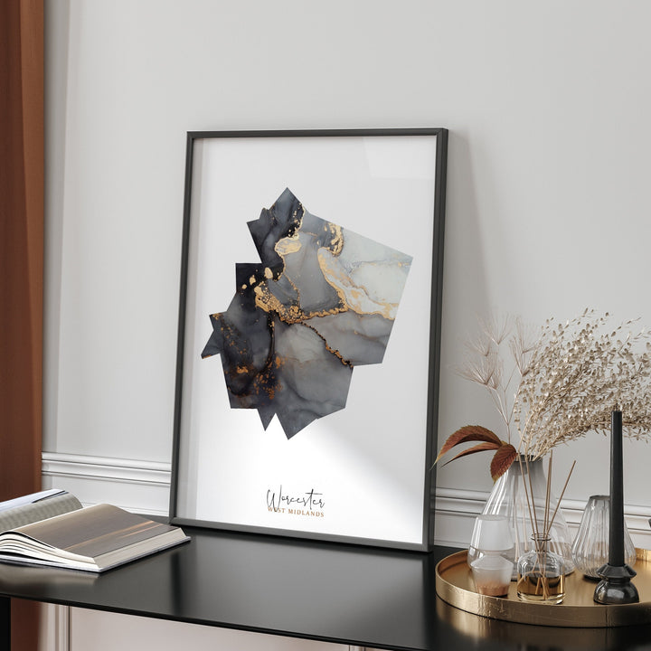 Worcester Map Black and Gold Wall Art Print | West Midlands | England | United Kingdom | Great Britain